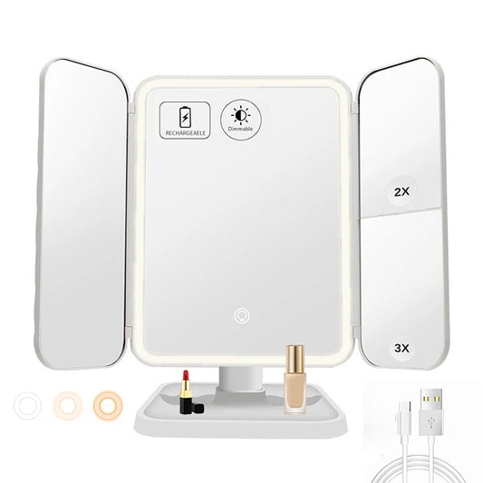 Trifold Makeup Mirror LED Lights Dorm Dressing Mirror