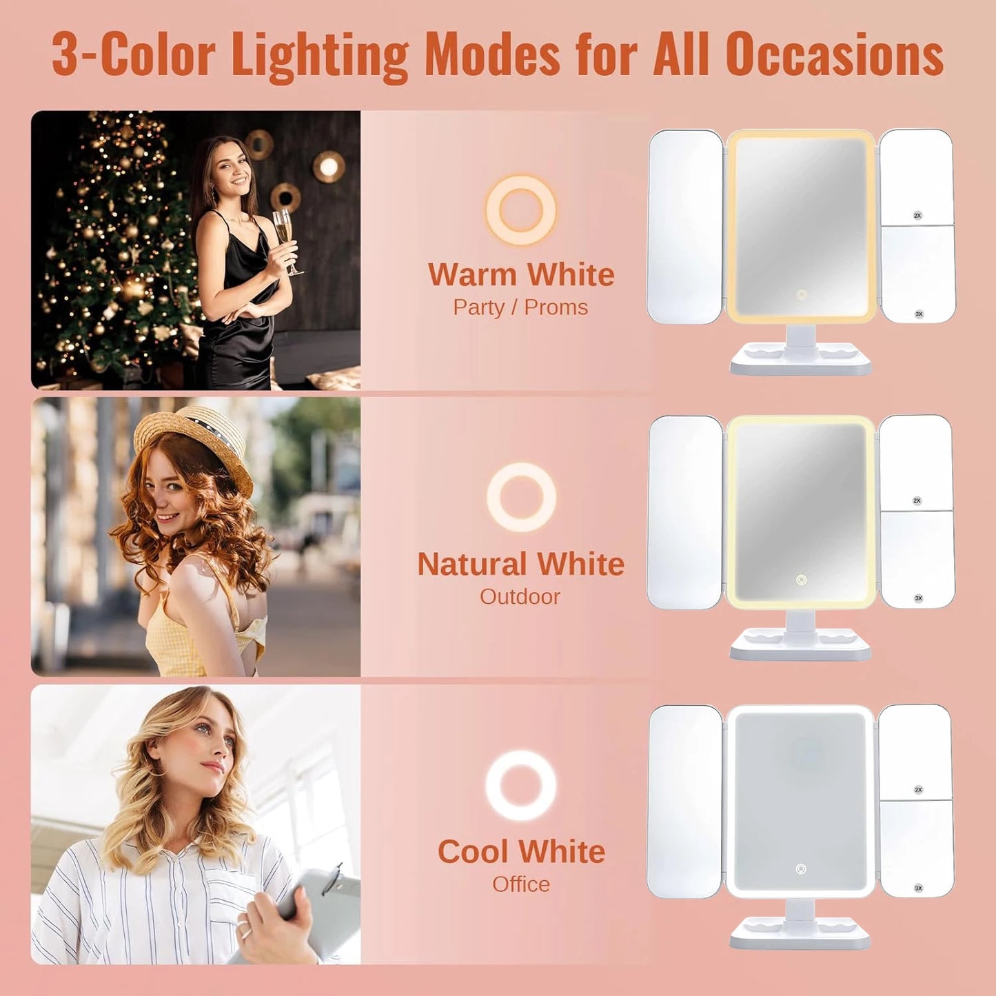 Trifold Makeup Mirror LED Lights Dorm Dressing Mirror